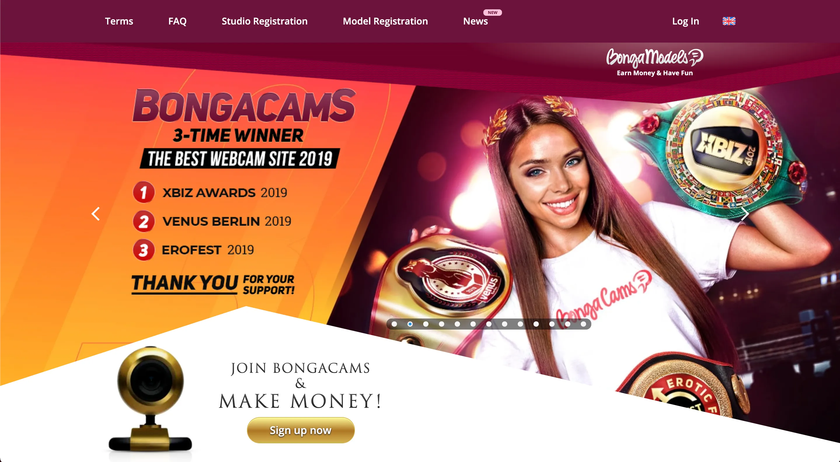Homepage van BongaModels om je aan te melden