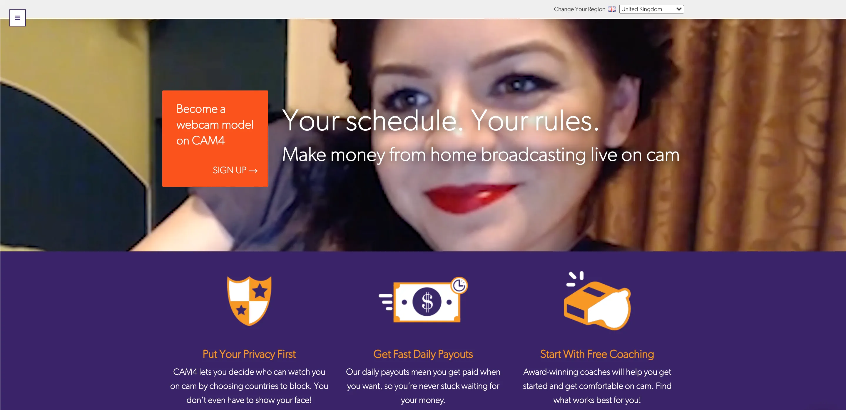 Homepage van Cam4Models om je aan te melden