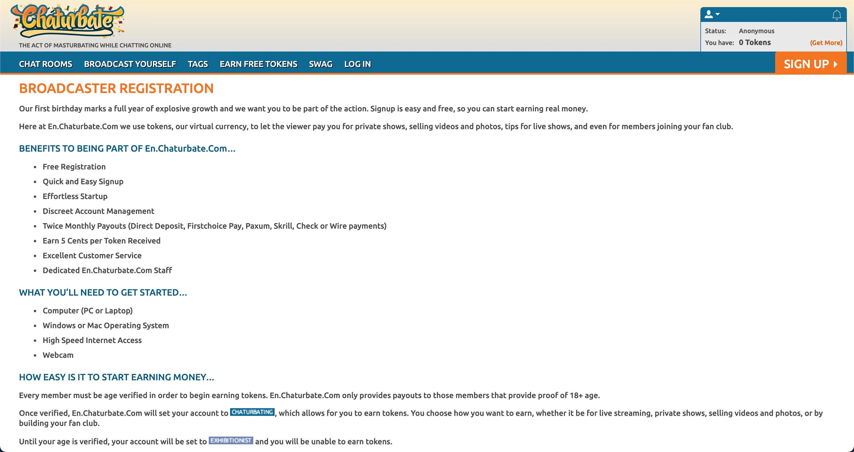 Aanmeldpagina voor broadcasters op Chaturbate